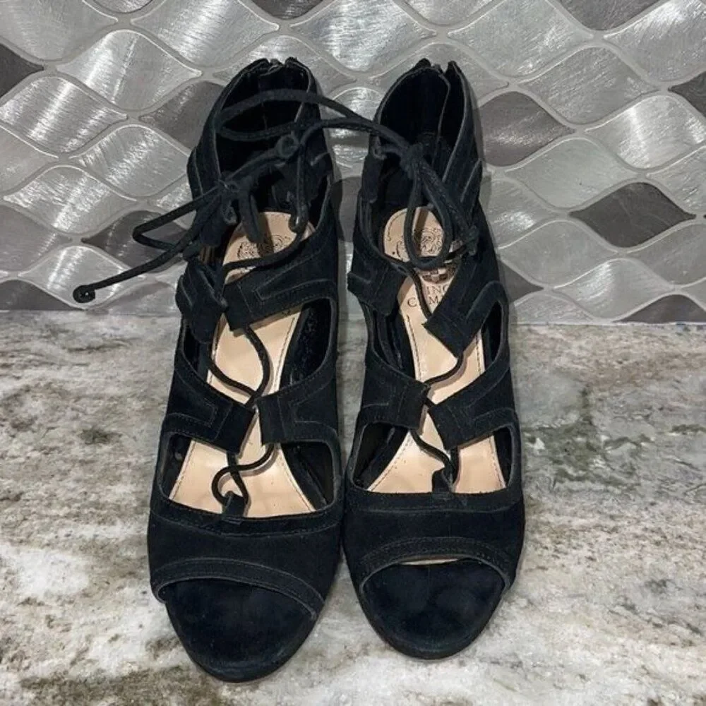 Vince Camuto Women Black Suede Lace-up Hight Block Heels Size 8